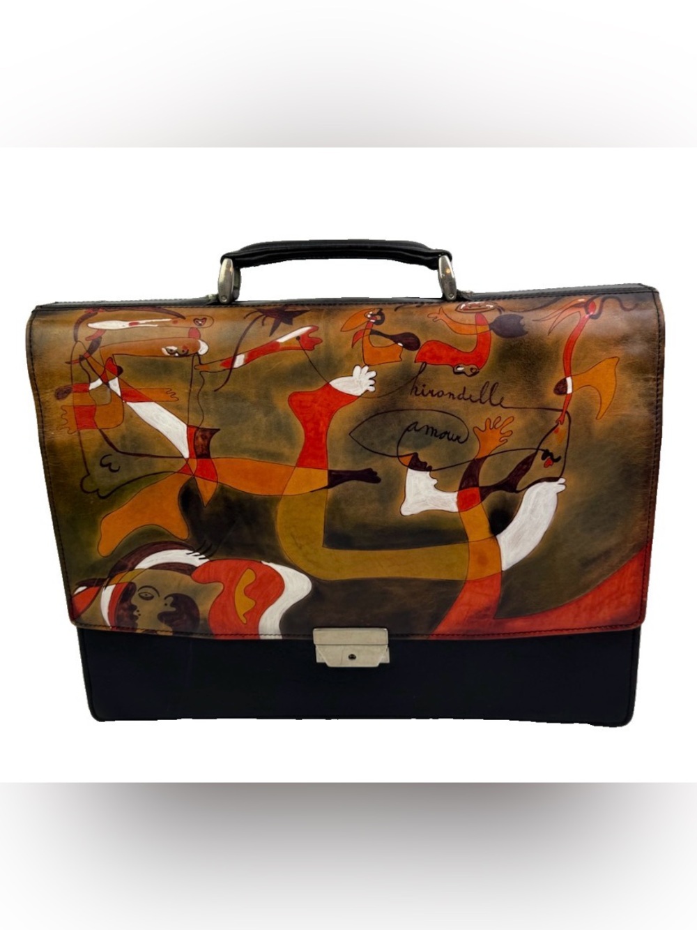 VTG Bambas Hand Painted Leather Briefcase Joan Miro Hirondelle Amour Italy W/Key